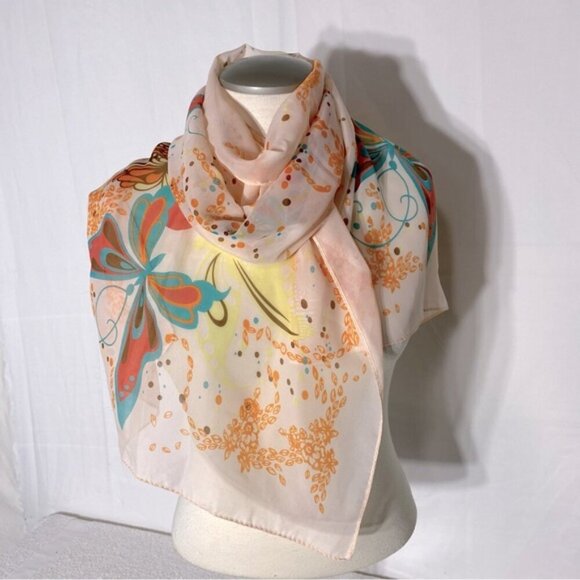 5/$25 Zhenqing Peach Semi Sheer Butterfly Floral Scarf - Picture 12 of 12